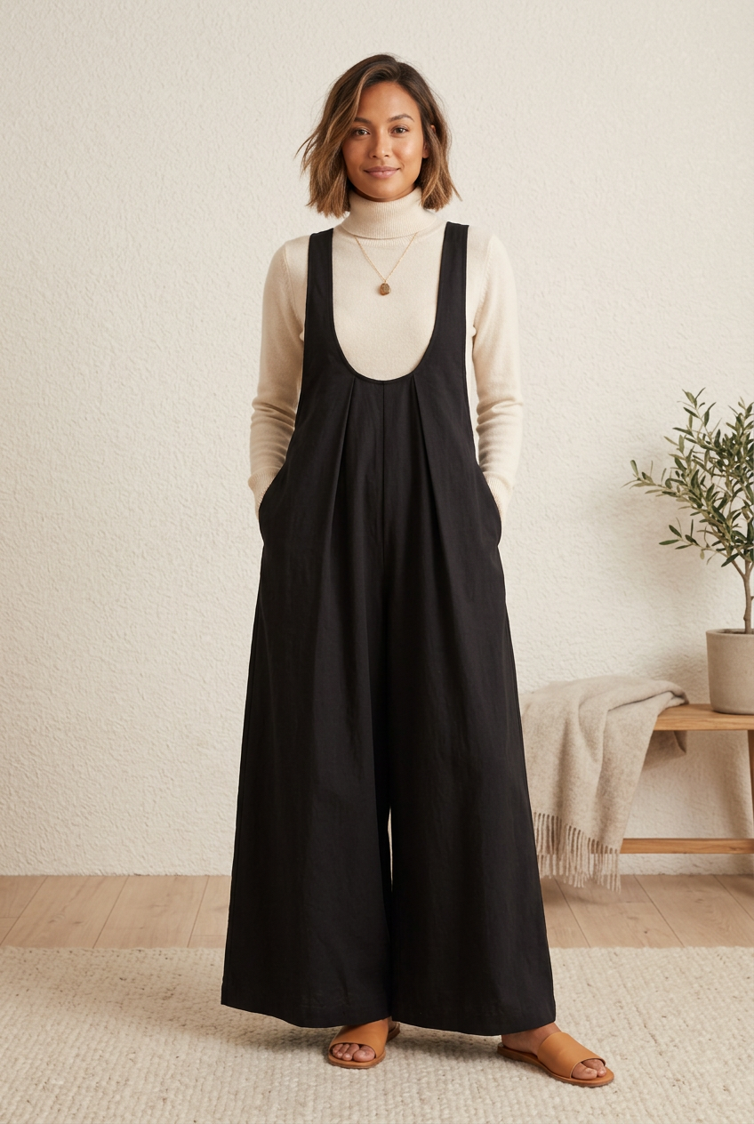 Pleated Overall Dress with Pockets