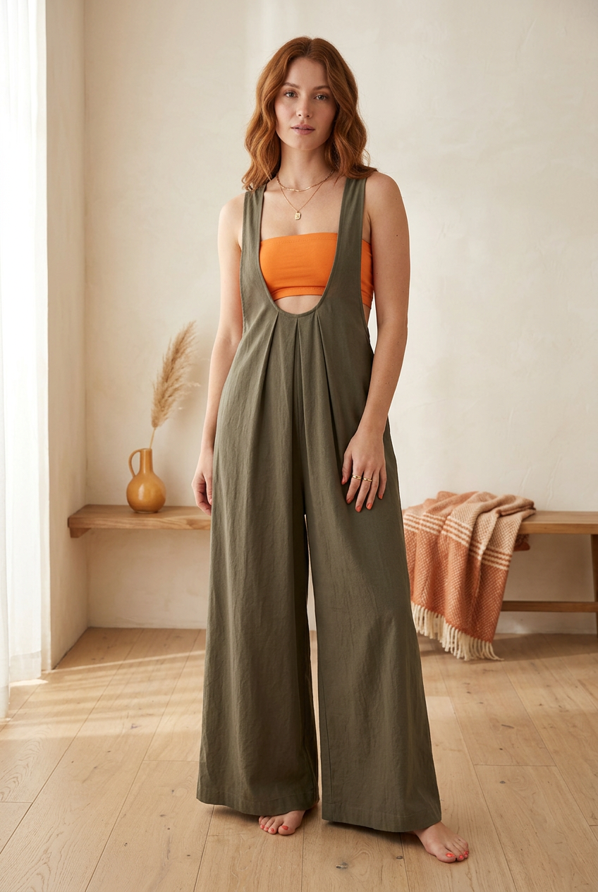 Pleated Overall Dress with Pockets