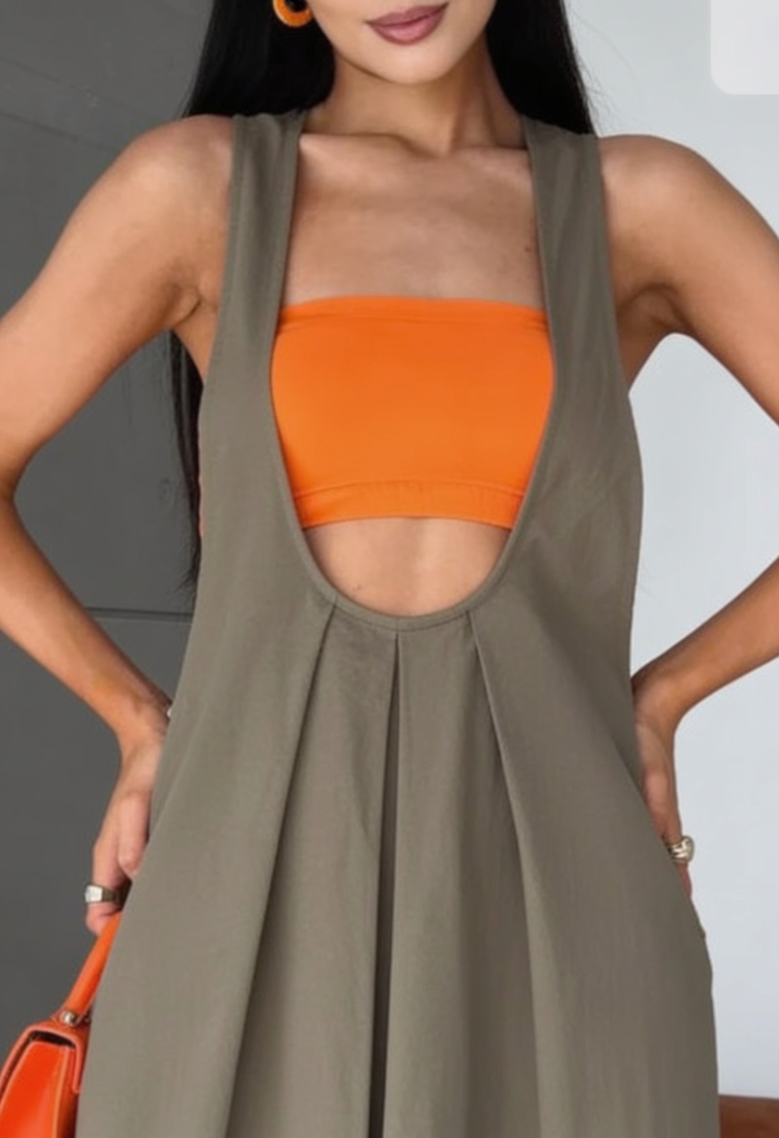Pleated Overall Dress with Pockets