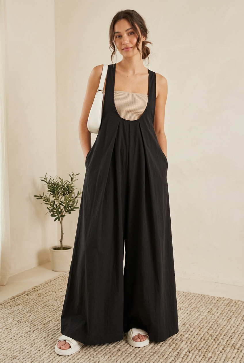 Pleated Overall Dress with Pockets