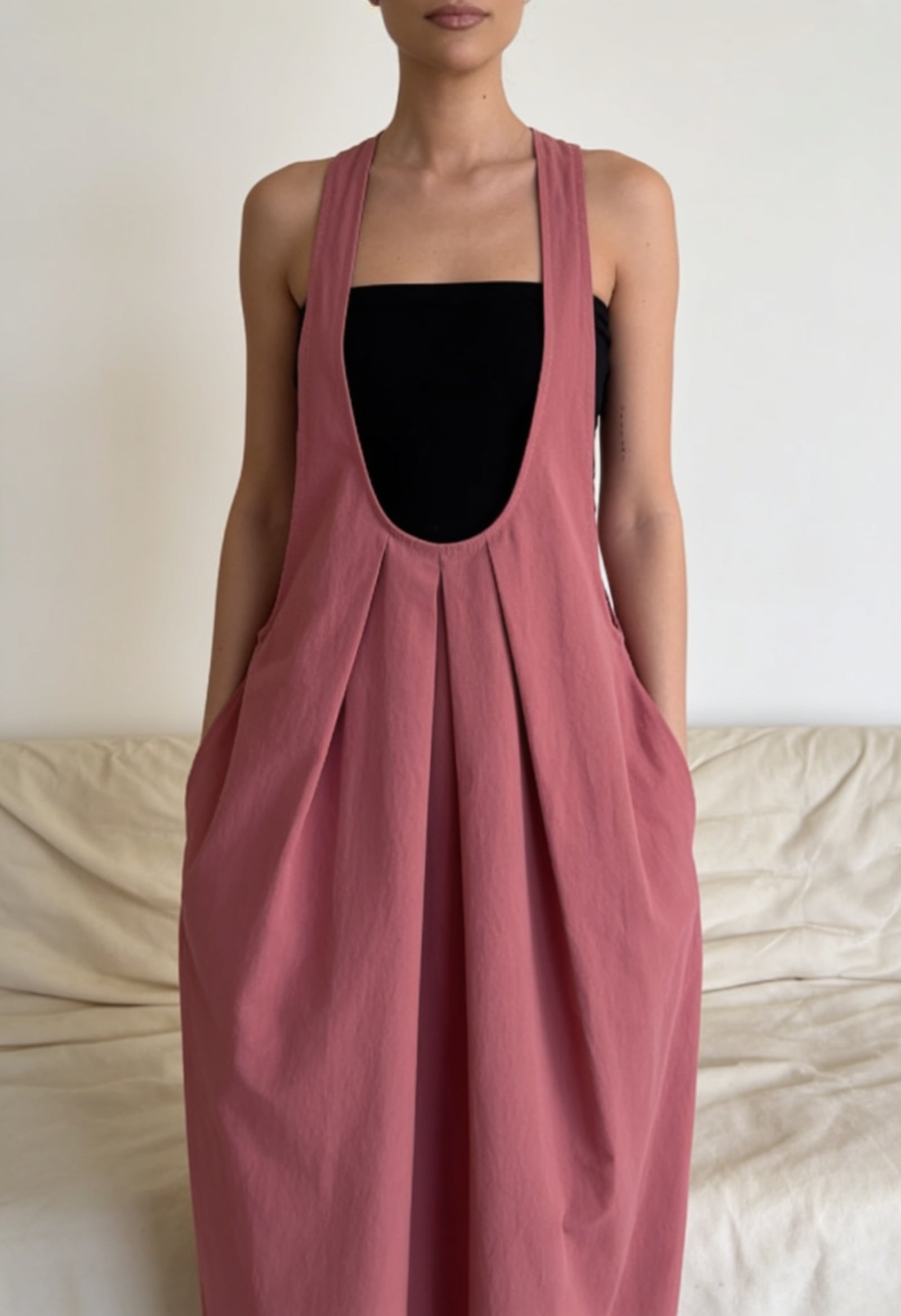 Pleated Overall Dress with Pockets